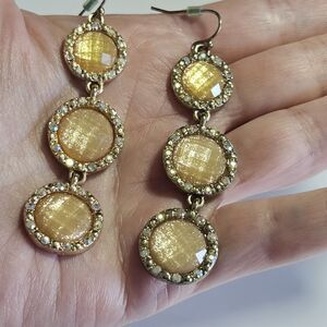 **Final Sale** Gold Tone Peachy Circular Dangling Iridescent Rhinestone Earrings